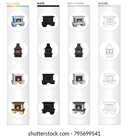 Fireplace, fire, warmth and comfort. Different kinds of fireplace set collection icons in cartoon black monochrome outline style vector symbol stock Isometric illustration web.