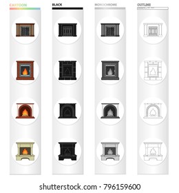 Fireplace, fire, warmth and comfort. Different kinds of fireplace set collection icons in cartoon black monochrome outline style vector symbol stock Isometric illustration web.