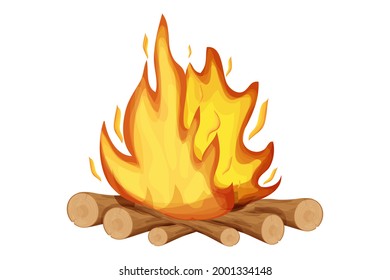 Fireplace, fire with wooden tree sticks,twigs in cartoon style isolated on white background. Outdoor activity, campfire. 