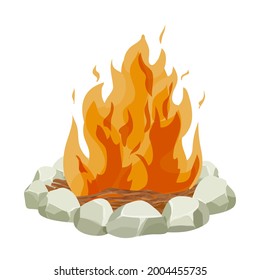 Fireplace, fire with wooden tree sticks,twigs and stones in cartoon style isolated on white background. Outdoor activity, campfire. . Vector illustration