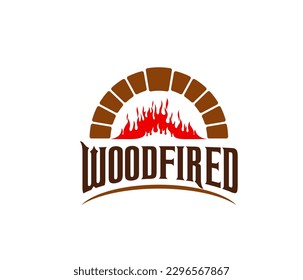 Chimenea, chimenea de leña e ícono de chimenea con fuego en horno de ladrillo, símbolo vector. Pizzería, restaurante o bar asador y panadería señal de chimenea y leña con chimenea y llamas de fuego en madera