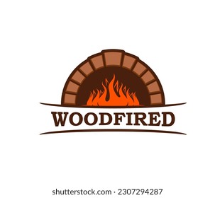 Fireplace, firewood chimney and hearth icon with fire flames on wood, vector hot oven furnace symbol. Pizza, food restaurant or grill bar and bakery sign of fireplace and firewood with chimney