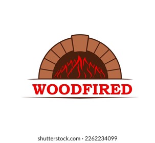 Fireplace, firewood chimney and hearth vector icon. Emblem with fire place, burning flame inside and woodfired typography. Heating home equipment, restaurant, pizza house or bakery isolated label