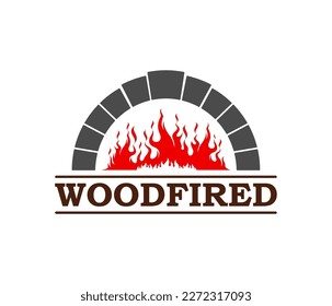 Fireplace, firewood stove icon. Pizzeria stone oven, barbeque bar fireplace with burning wood logs or bakery shop cooking stove vector icon. Italian cuisine restaurant firewood chimney emblem or sign