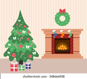 fireplace and fir-tree and christmas socks