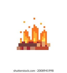 Fireplace flame. Pixel art fire icon. Knitted design. Bonfire isolated vector illustration. 8-bit sprite. Old school computer graphic style.