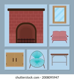 fireplace and furniture icon set