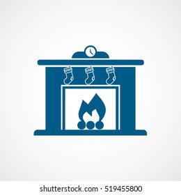 Fireplace With Gift Christmas New Year Blue Flat Icon On White Background