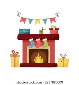 Fireplace with gifts and socks. New year and xmas celebration. Vector illustration flat style