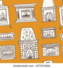 Kamin handgezeichnete doodle nahtlose Muster. Skizzen Vektorgrafik für Design- und Verpackungsprodukte. Symbolsammlung.
