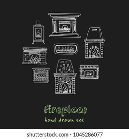 Fireplace hand drawn doodle set. Sketches. Vector illustration for design and packages product. Symbol collection.