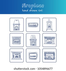 Fireplace hand drawn doodle set. Sketches. Vector illustration for design and packages product. Symbol collection.