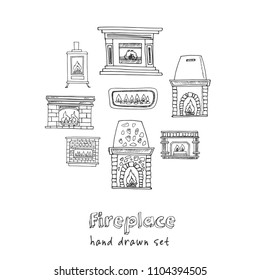 Fireplace hand drawn doodle set. Sketches. Vector illustration for design and packages product. Symbol collection.