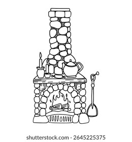  Fireplace hand drawn in doodle style. Vector black and white illustration for creating an interior design studio logo.