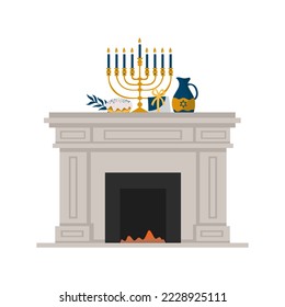 Fireplace, hanukkah icon classic home fireplaces, flat vector illustration isolated on white background. Set of stone and brick chimneys with fire in the hearth.