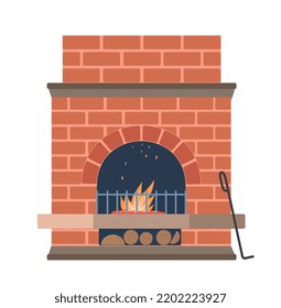 Fireplace and hearth design. Sticker with beautiful modern red stone fireplace, firewood, steel grate and poker. Home heating in winter. Cartoon flat vector illustration isolated on white background