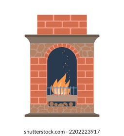 Fireplace and hearth design. Sticker with fireplace made of red bricks, stones and clay. Burning firewood. Comfort and warmth in house. Cartoon flat vector illustration isolated on white background