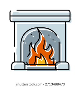 Fireplace hearth with glowing flames and logs, flat line icon conveying warmth, cozy home atmosphere, winter comfort, relaxation and heating in simple vector style