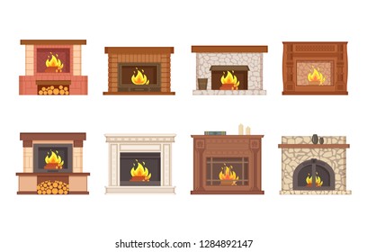 Fireplace home interior burning wood isolated icons set vector. Shelves with vase and decor, furnace made of stone and redbrick, stand and bucket