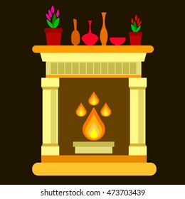 fireplace, home, vector, fire, interior, illustration, decoration object mantelpiece bright light
