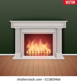 Fireplace in house cozy room. Realistic style design. Vector Illustration.