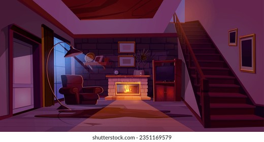 Fireplace in house living room interior at night. Flame burning in apartment livingroom hall near stairs. Vintage hallway furniture and moonlight from window. Retro cozy floor house floor with door