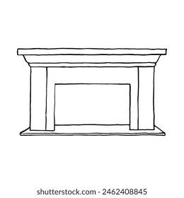 Fireplace icon graphic. A simple line drawing of a home fireplace for space heating. Black contour linear silhouette. Vector graphics outline illustration. Isolated on pure white background