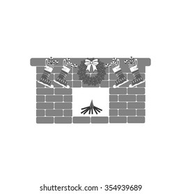 Fireplace icon on the white background. Mistletoe, stocking, candy. Vector illustration.