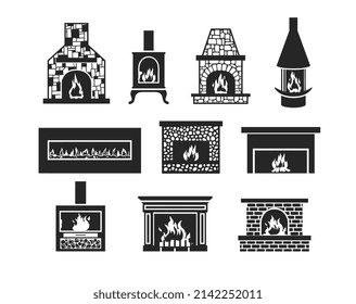 Fireplace icon set, black and white vector illustration isolated on white background. Collection of brick and stone, retro and modern chimney silhouettes.