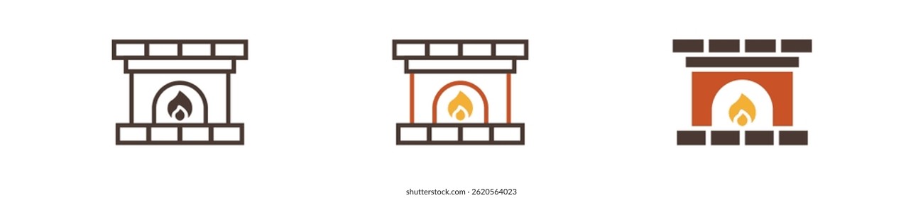 Fireplace icon set. Fire icon in vector design. Flame in fireplace graphic sign. Warmth in home illustration