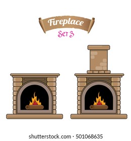 fireplace icon set  isolated on white. Burning brown brick fireplace with firewood.