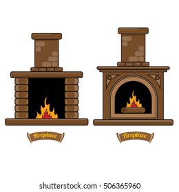 fireplace icon set isolated on white. Burning brown brick fireplace with firewood.