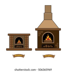 fireplace icon set isolated on white. Burning brown brick fireplace with firewood.