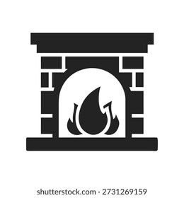 Fireplace icon silhouette. Vector logo of a classic stone fireplace. Simple graphic logo suitable for home decor branding, interior design projects.Illustration isolated on white background.