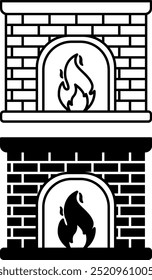 Fireplace Icons. Black and White Vector Icons. Kindling Fire in the Stove. Symbol of Home Comfort. Christmas and Holiday Concept