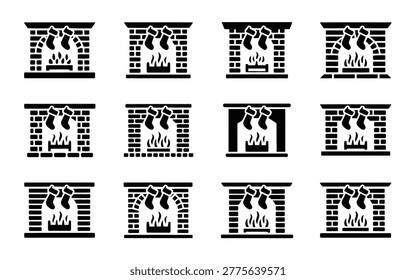 Fireplace icons set black and white various designs brick and stone textures burning fire