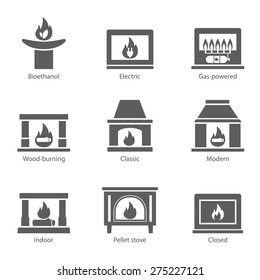 Fireplace icons set vector flat sign isolated on white background. Stove fireplace, biofireplaces, electric, wood-burning, classic, modern, indoor, pellet-stove, gas-powered icons  - stock vector.