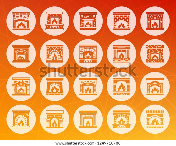Fireplace icons set. Web sign christmas time\
kit. Open Fire pictogram collection warm home, living room, cosy\
house interior. Simple vector symbol. Icon shape carved from circle\
on colorful\
background