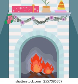 Fireplace illustration in blue color living room. Cozy winter scene with socks, present, hat, ornamental vines. Winter background for cartoon and design.