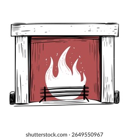 Fireplace illustration in hand drawn sketch style with black outline for cozy atmosphere

