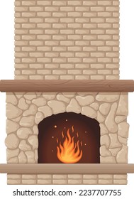 Chimenea. La imagen de una chimenea de piedra con fuego. Una llama en llamas en la chimenea. Ilustración del vector aislada en un fondo blanco