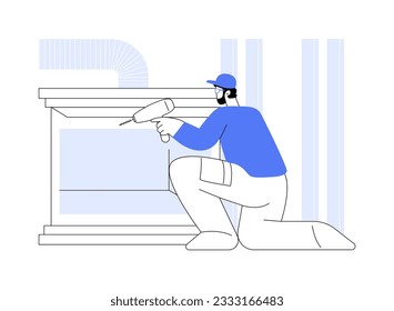 Fireplace installation abstract concept vector illustration. Contractor in helmet installs a fireplace, repair service, interior design industry, making final connections abstract metaphor.