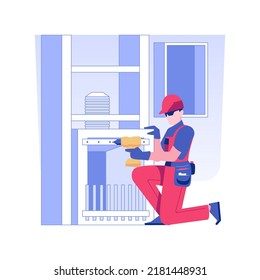 Fireplace installation isolated concept vector illustration. Contractor in helmet installs a fireplace, repair service, interior design industry, making final connections vector concept.