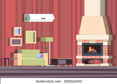 Fireplace in interior. Relax with sofa in room near decorated fireplace vector cartoon background