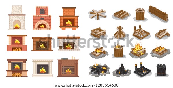 Fireplace Isolated Icons Set Logs Wooden Objects Interiors