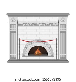 Fireplace isolated on a white background. Classic fireplace with pilasters and a white brick stove inside. An element of the interior of the living room.