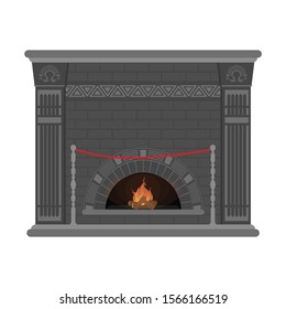 Fireplace isolated on a white background. Classic fireplace with pilasters and a gray brick oven inside. An element of the interior of the living room.