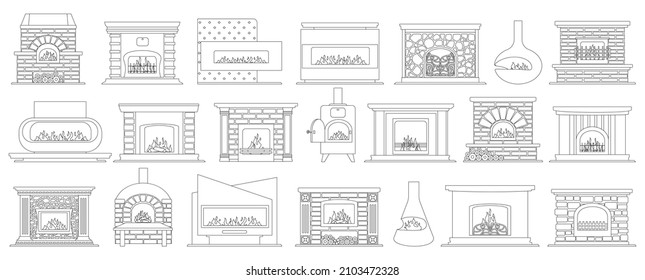 Kamin-Einzelbild-Set-Symbol. Vektorgrafik-Hausherd auf weißem Hintergrund. Vektorgrafik-Kontur-Symbol-Kamin.