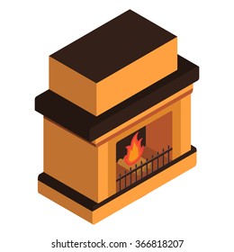 Fireplace Isometric. Vector Illustration with the burning firewood.Vector flat illustration.Symbol for a mobile application or website.