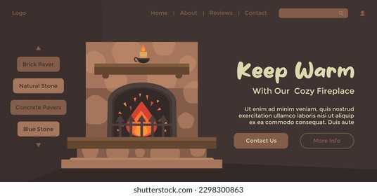 fireplace for keeping warm and staying cozy at home. Interior design element with natural stone and concrete pavers, order now. Website landing page template, internet site. Vector in flat style
